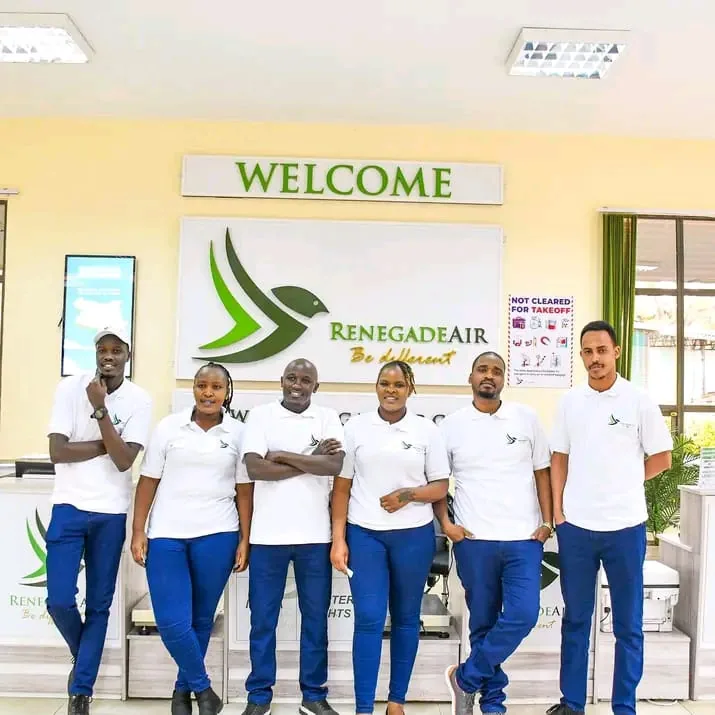 The Renegade Air ground team at the airline’s welcome desk in Nairobi
